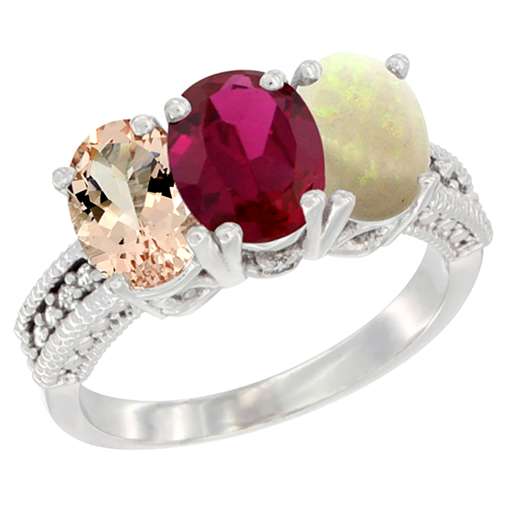 14K White Gold Natural Morganite, Enhanced Ruby &amp; Natural Opal Ring 3-Stone Oval 7x5 mm Diamond Accent, sizes 5 - 10