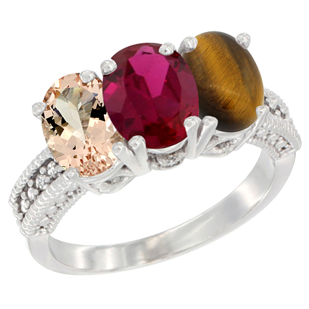 14K White Gold Natural Morganite, Enhanced Ruby &amp; Natural Tiger Eye Ring 3-Stone Oval 7x5 mm Diamond Accent, sizes 5 - 10