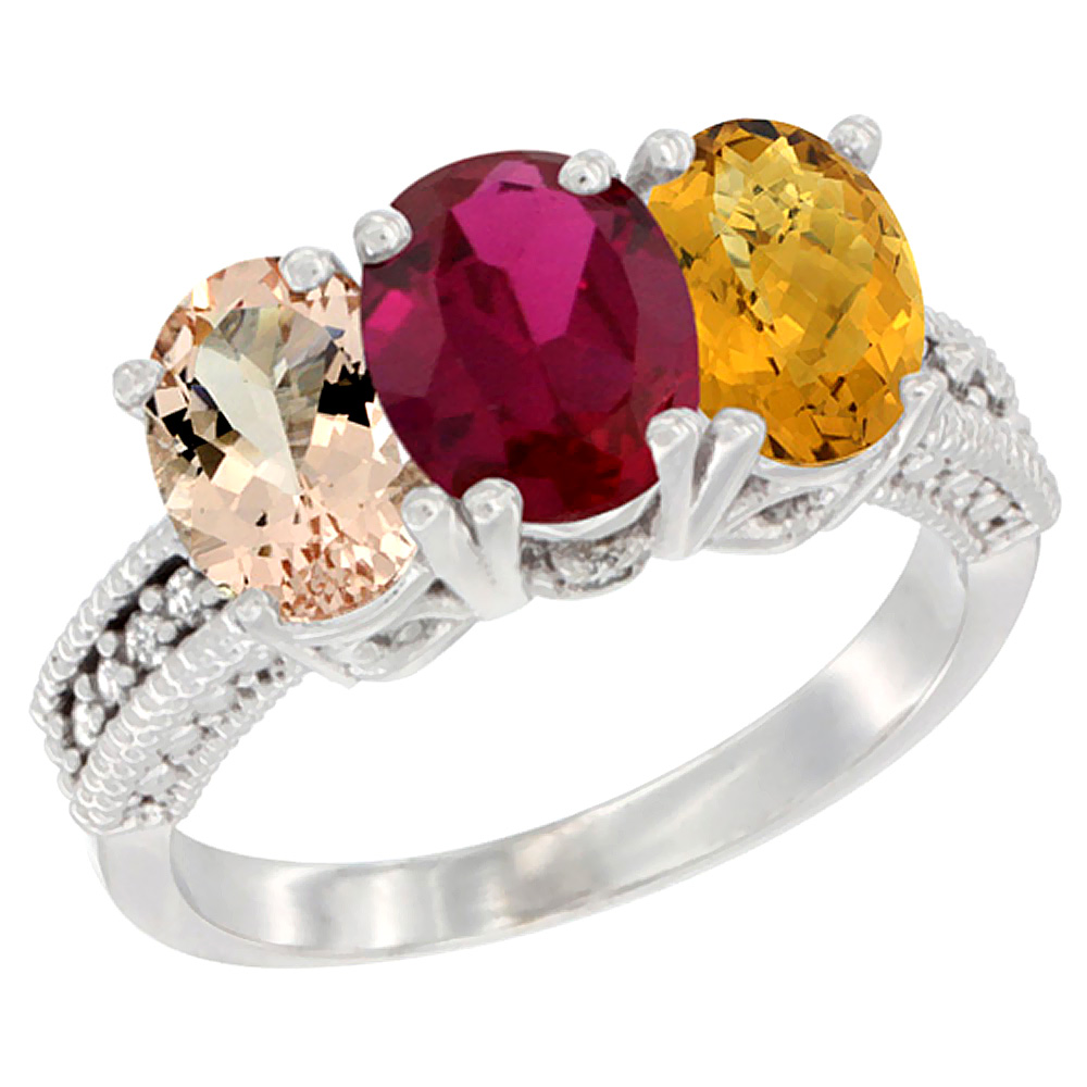 14K White Gold Natural Morganite, Enhanced Ruby & Natural Whisky Quartz Ring 3-Stone Oval 7x5 mm Diamond Accent, sizes 5 - 10