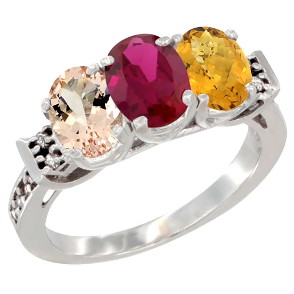 14K White Gold Natural Morganite, Enhanced Ruby & Natural Whisky Quartz Ring 3-Stone Oval 7x5 mm Diamond Accent, sizes 5 - 10