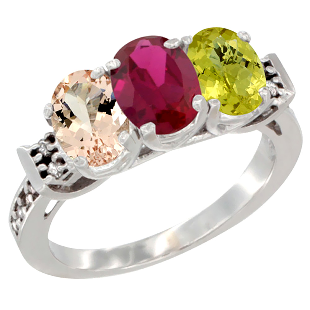 14K White Gold Natural Morganite, Enhanced Ruby & Natural Lemon Quartz Ring 3-Stone Oval 7x5 mm Diamond Accent, sizes 5 - 10