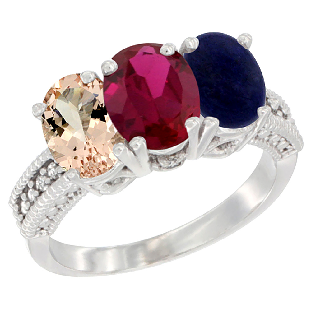 14K White Gold Natural Morganite, Enhanced Ruby & Natural Lapis Ring 3-Stone Oval 7x5 mm Diamond Accent, sizes 5 - 10