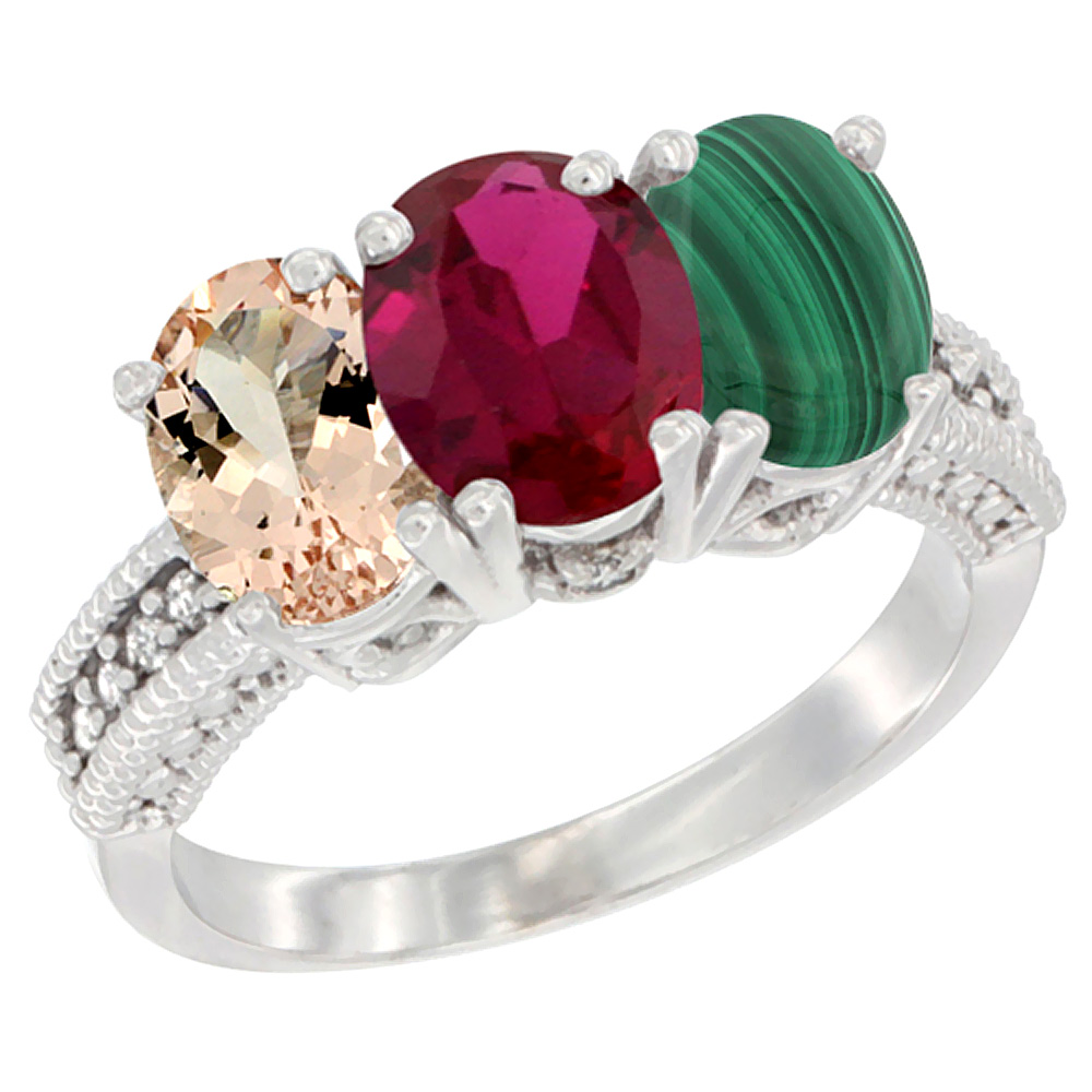 14K White Gold Natural Morganite, Enhanced Ruby & Natural Malachite Ring 3-Stone Oval 7x5 mm Diamond Accent, sizes 5 - 10