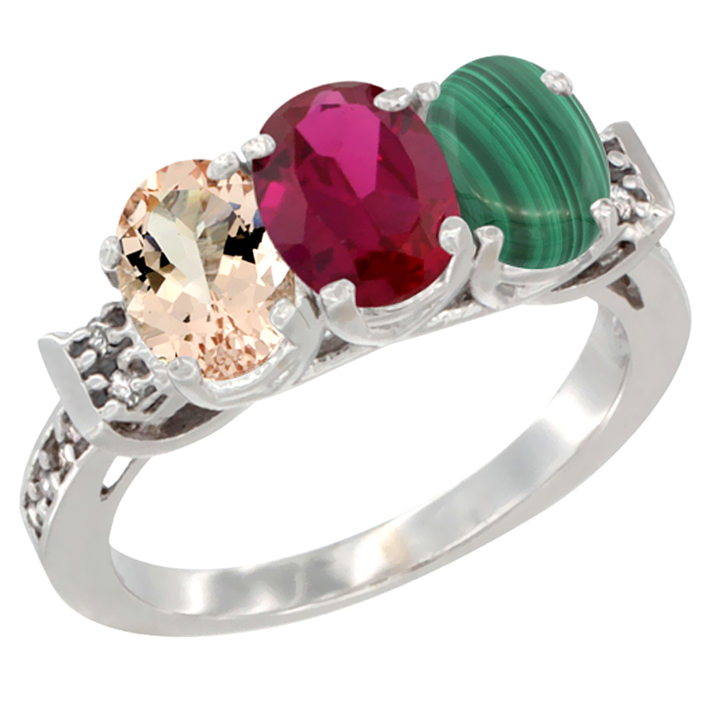 14K White Gold Natural Morganite, Enhanced Ruby & Natural Malachite Ring 3-Stone Oval 7x5 mm Diamond Accent, sizes 5 - 10