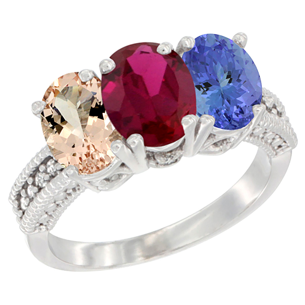 14K White Gold Natural Morganite, Enhanced Ruby & Natural Tanzanite Ring 3-Stone Oval 7x5 mm Diamond Accent, sizes 5 - 10