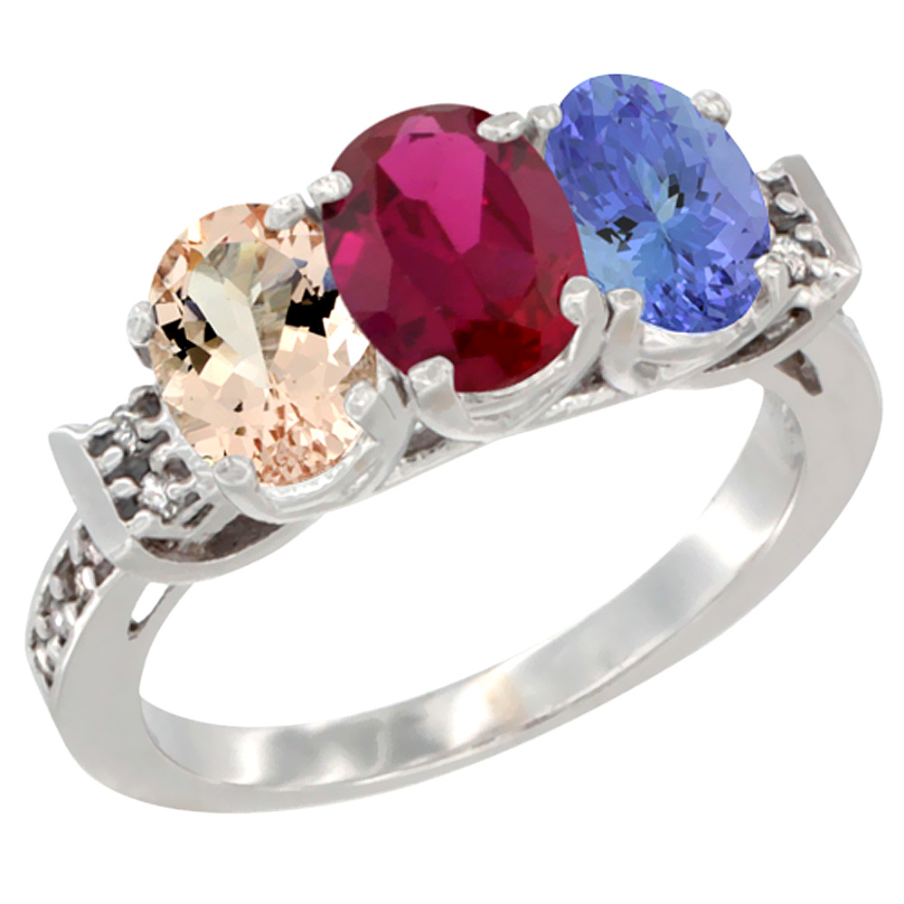 14K White Gold Natural Morganite, Enhanced Ruby & Natural Tanzanite Ring 3-Stone Oval 7x5 mm Diamond Accent, sizes 5 - 10