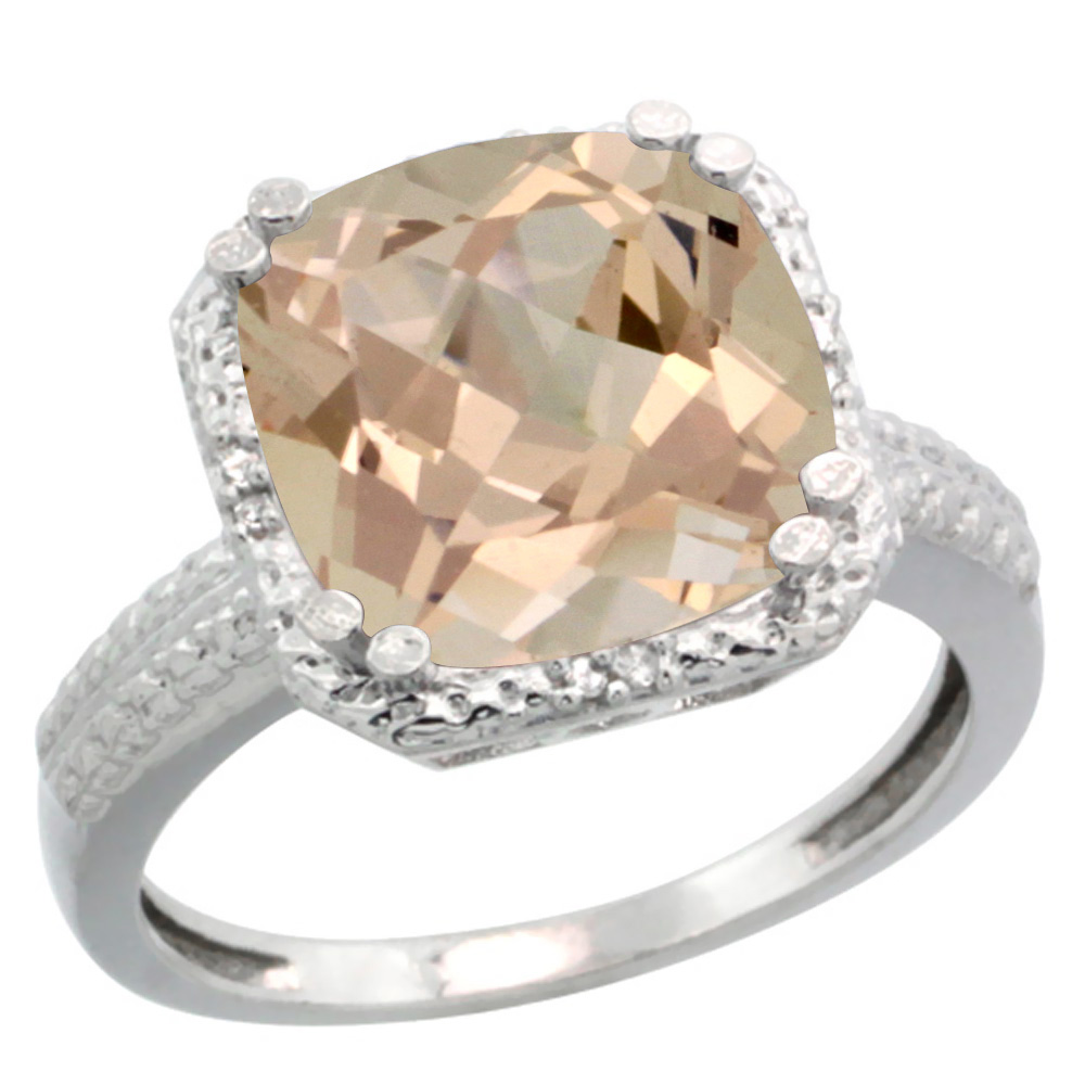 14K White Gold Diamond Natural Morganite Ring Cushion-cut 11x11mm, sizes 5-10
