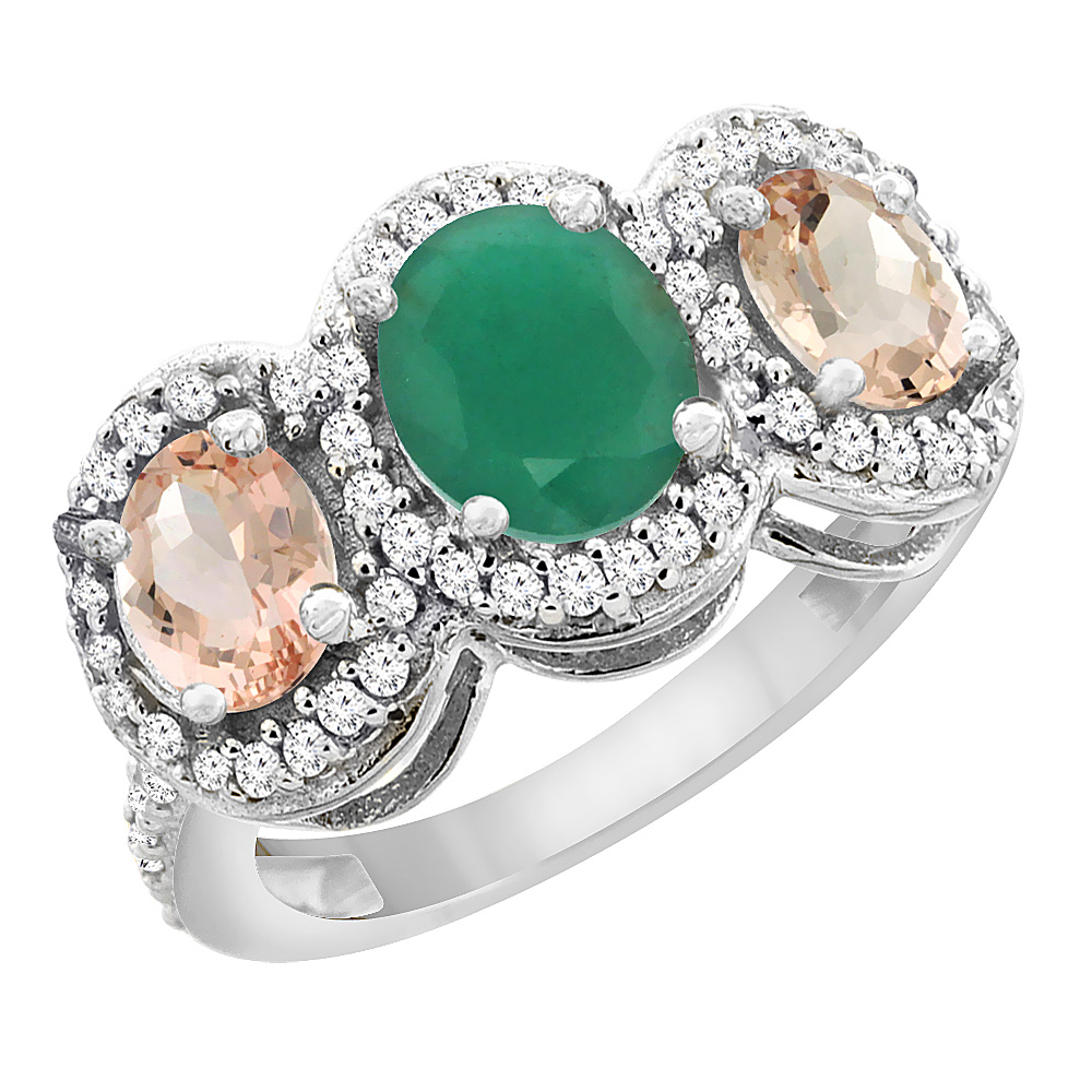 14K White Gold Natural Cabochon Emerald &amp; Morganite 3-Stone Ring Oval Diamond Accent, sizes 5 - 10