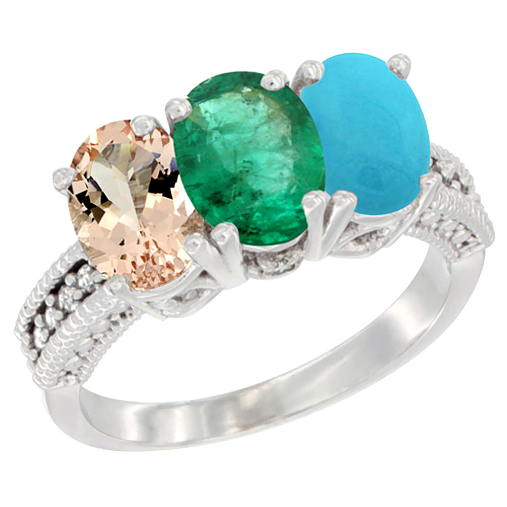 10K White Gold Natural Morganite, Emerald & Turquoise Ring 3-Stone Oval 7x5 mm Diamond Accent, sizes 5 - 10