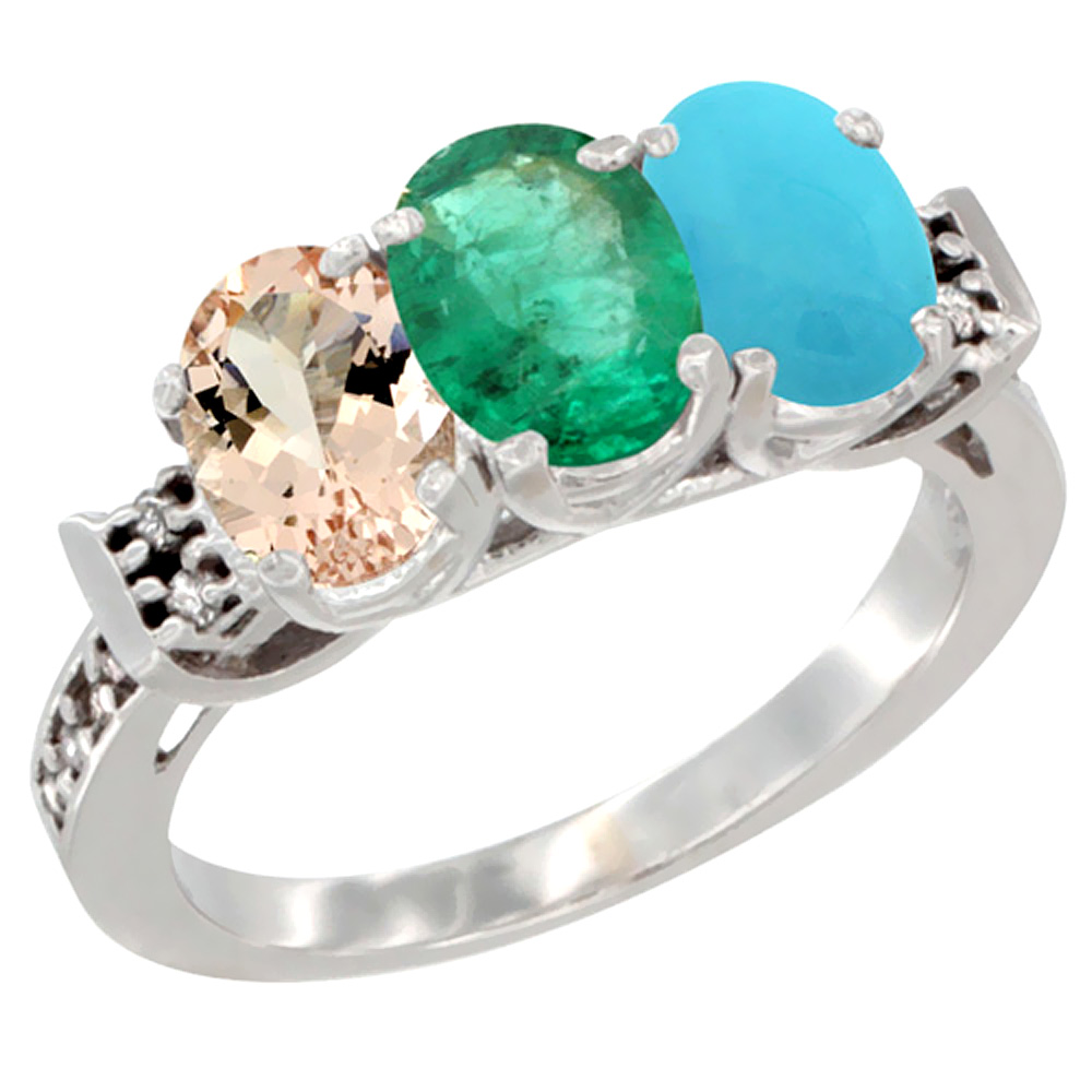 14K White Gold Natural Morganite, Emerald & Turquoise Ring 3-Stone Oval 7x5 mm Diamond Accent, sizes 5 - 10