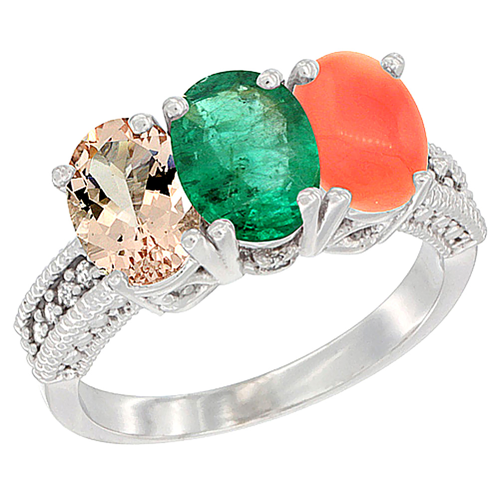 14K White Gold Natural Morganite, Emerald & Coral Ring 3-Stone Oval 7x5 mm Diamond Accent, sizes 5 - 10