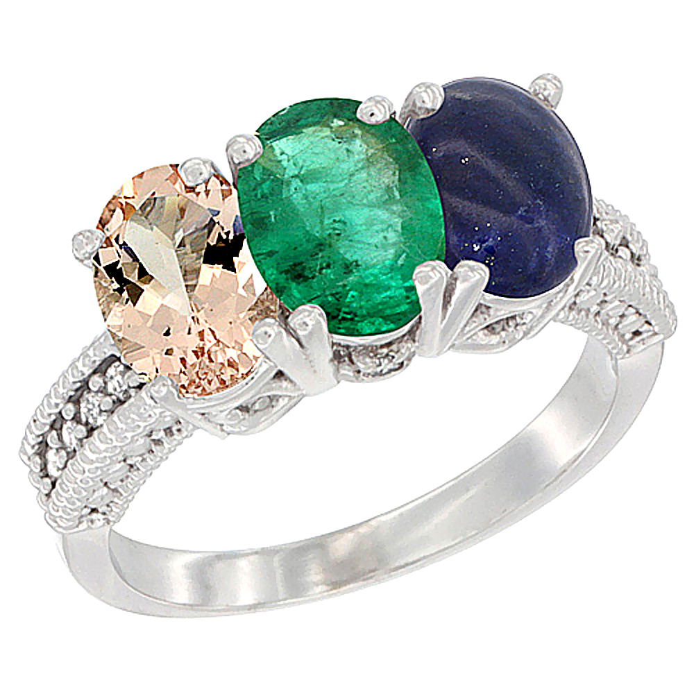 14K White Gold Natural Morganite, Emerald & Lapis Ring 3-Stone Oval 7x5 mm Diamond Accent, sizes 5 - 10