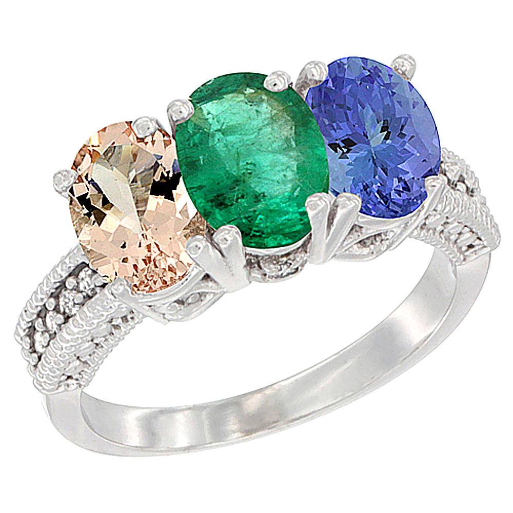14K White Gold Natural Morganite, Emerald & Tanzanite Ring 3-Stone Oval 7x5 mm Diamond Accent, sizes 5 - 10