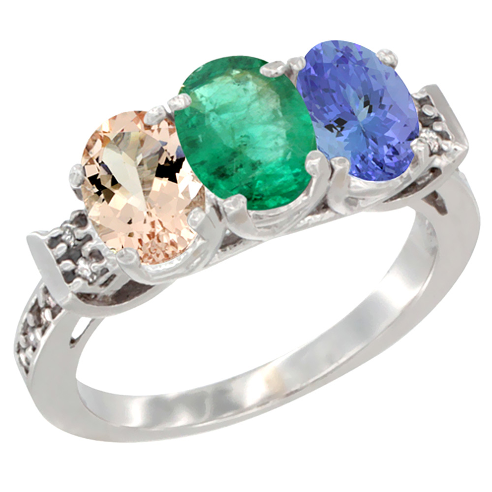 14K White Gold Natural Morganite, Emerald & Tanzanite Ring 3-Stone Oval 7x5 mm Diamond Accent, sizes 5 - 10