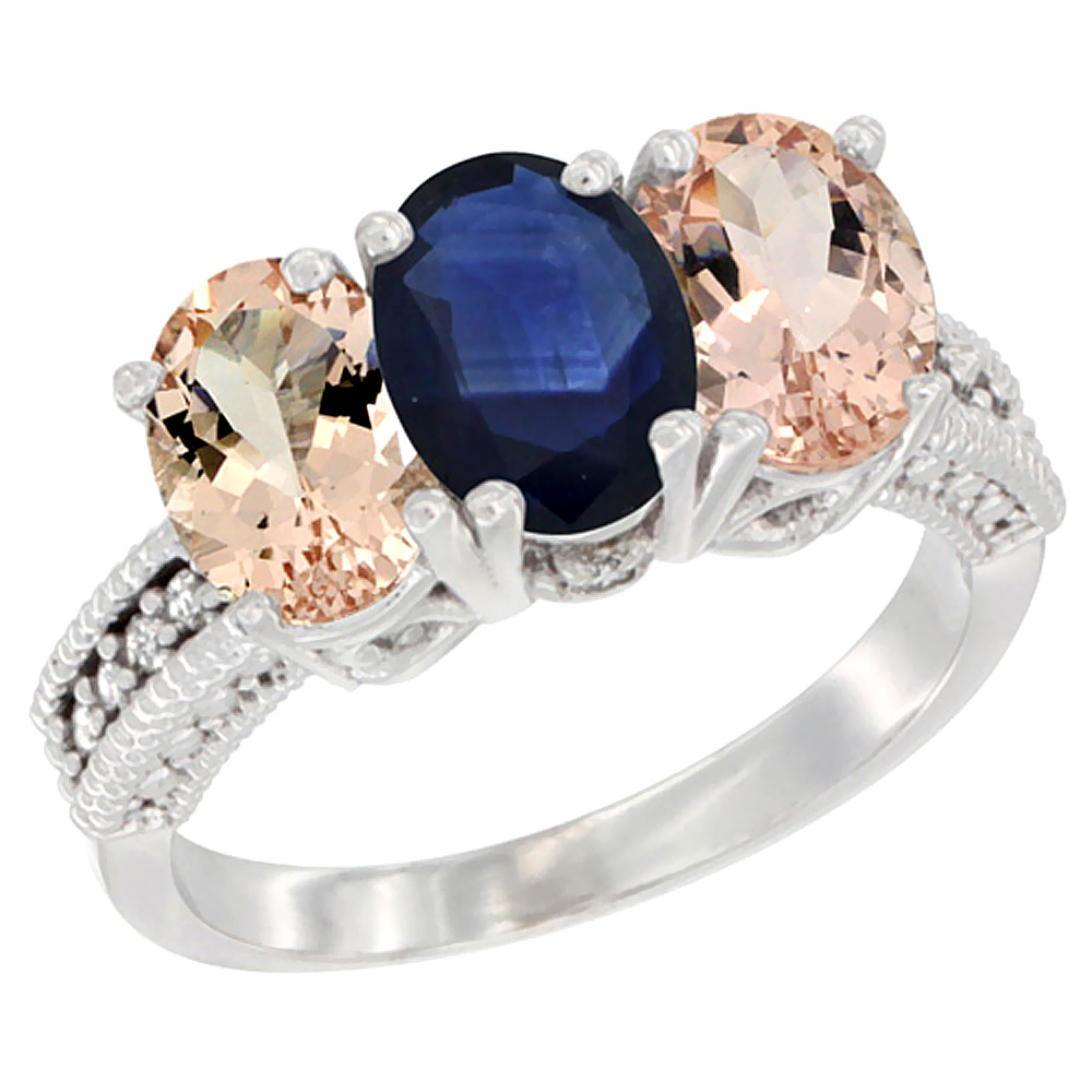 14K White Gold Natural Blue Sapphire & Morganite Sides Ring 3-Stone Oval 7x5 mm Diamond Accent, sizes 5 - 10