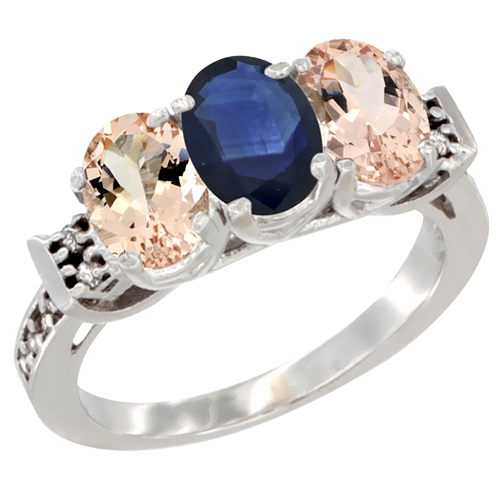 10K White Gold Natural Blue Sapphire & Morganite Sides Ring 3-Stone Oval 7x5 mm Diamond Accent, sizes 5 - 10