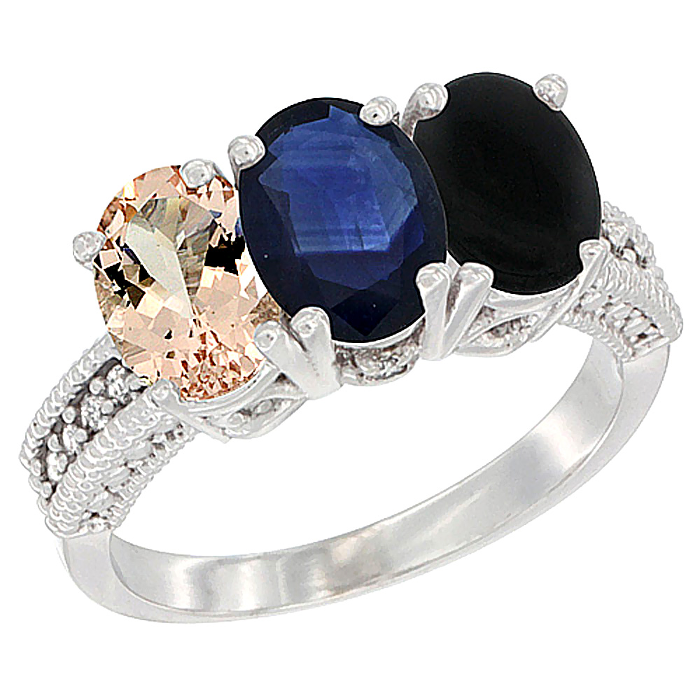 10K White Gold Natural Morganite, Blue Sapphire & Black Onyx Ring 3-Stone Oval 7x5 mm Diamond Accent, sizes 5 - 10