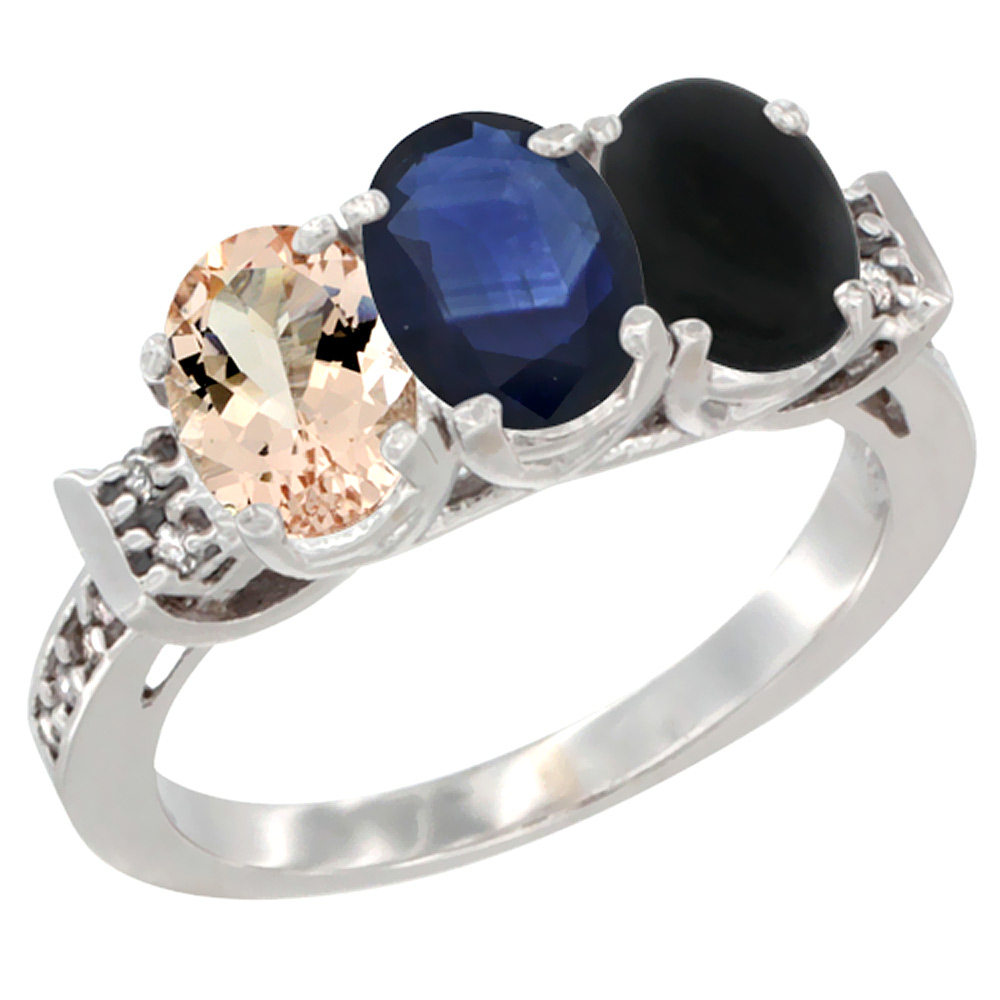 14K White Gold Natural Morganite, Blue Sapphire & Black Onyx Ring 3-Stone Oval 7x5 mm Diamond Accent, sizes 5 - 10