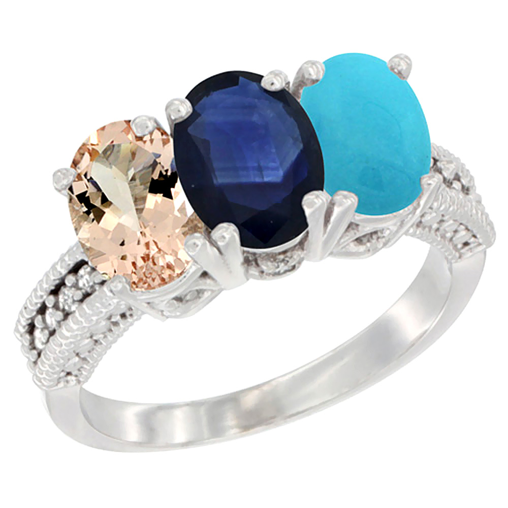 14K White Gold Natural Morganite, Blue Sapphire & Turquoise Ring 3-Stone Oval 7x5 mm Diamond Accent, sizes 5 - 10