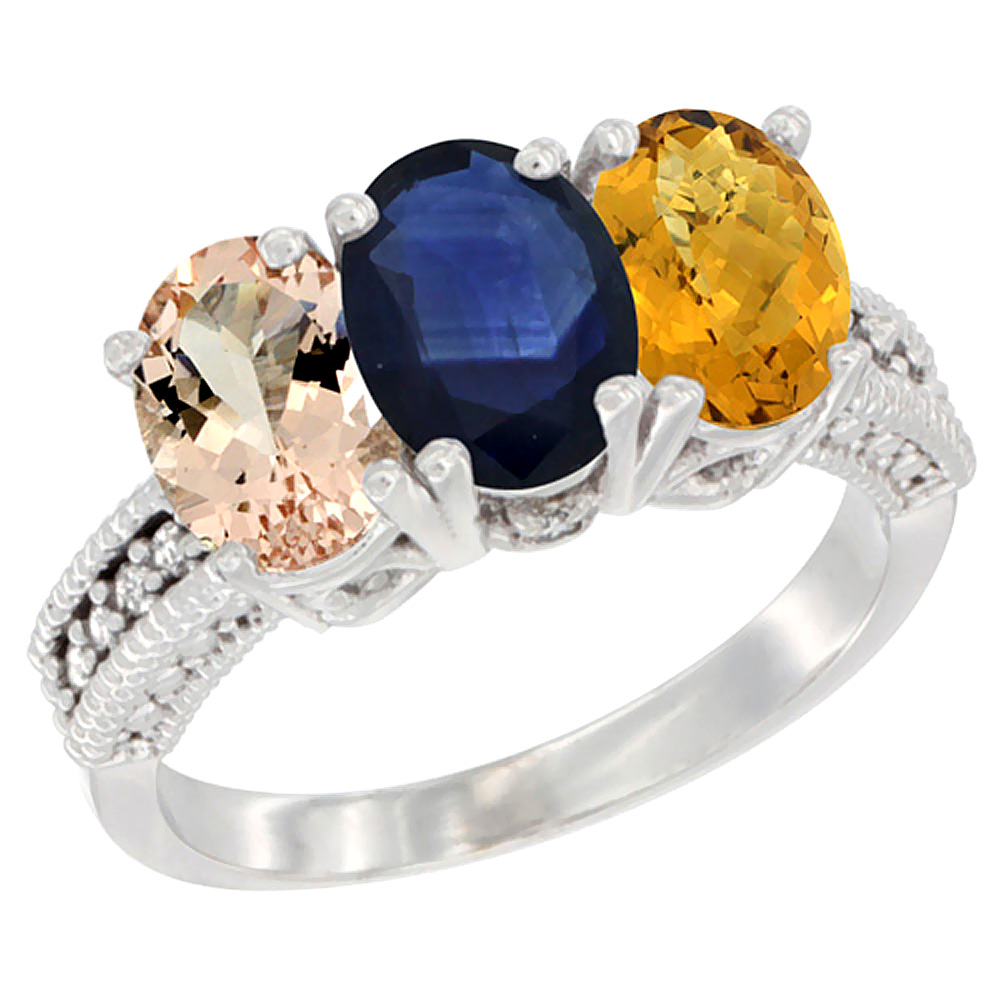 14K White Gold Natural Morganite, Blue Sapphire & Whisky Quartz Ring 3-Stone Oval 7x5 mm Diamond Accent, sizes 5 - 10