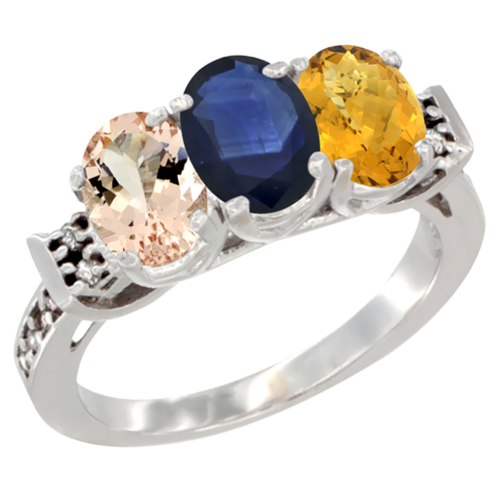 10K White Gold Natural Morganite, Blue Sapphire & Whisky Quartz Ring 3-Stone Oval 7x5 mm Diamond Accent, sizes 5 - 10