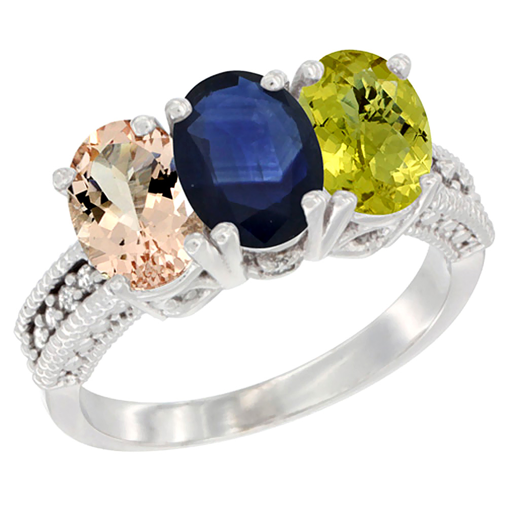 10K White Gold Natural Morganite, Blue Sapphire &amp; Lemon Quartz Ring 3-Stone Oval 7x5 mm Diamond Accent, sizes 5 - 10