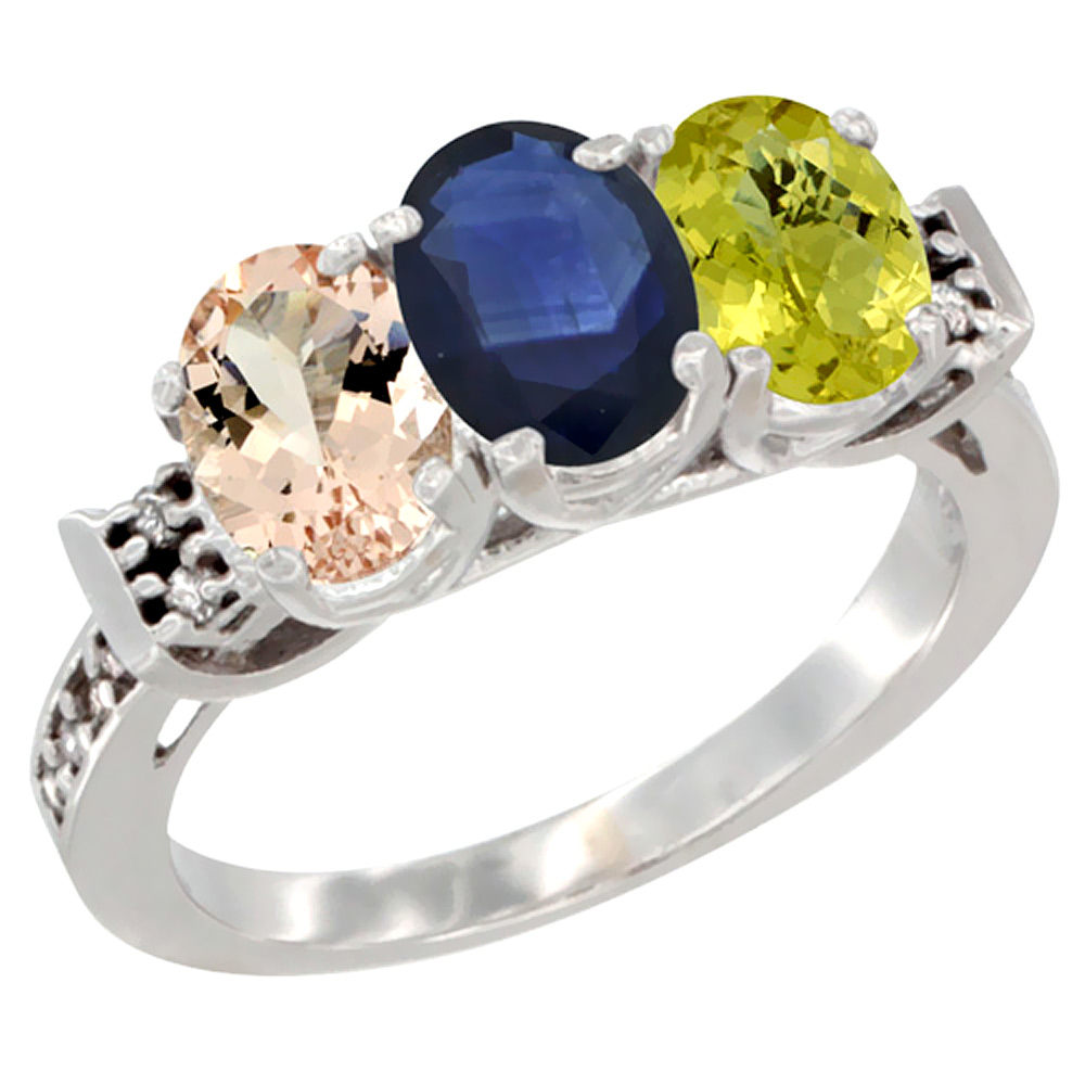 14K White Gold Natural Morganite, Blue Sapphire &amp; Lemon Quartz Ring 3-Stone Oval 7x5 mm Diamond Accent, sizes 5 - 10