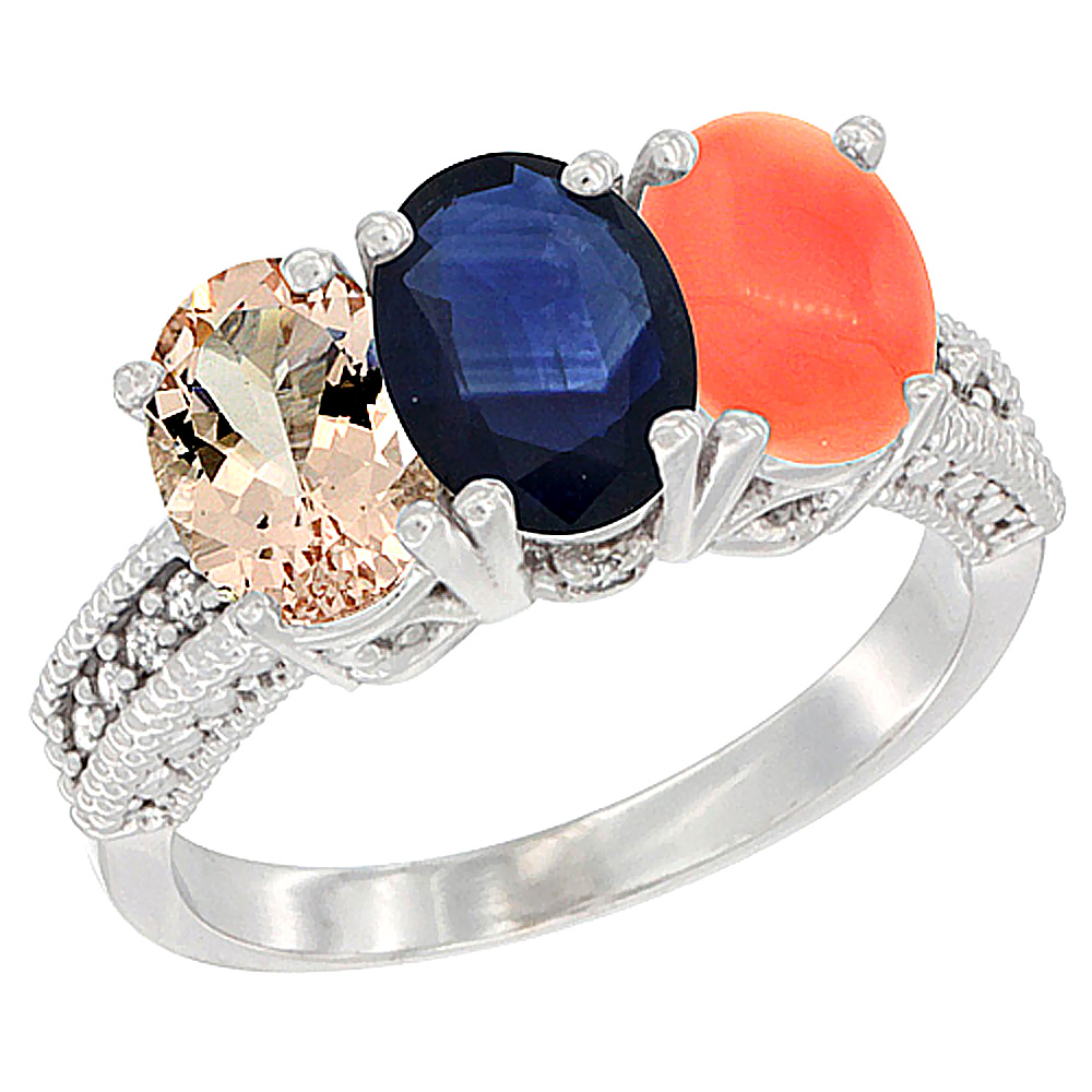 14K White Gold Natural Morganite, Blue Sapphire &amp; Coral Ring 3-Stone Oval 7x5 mm Diamond Accent, sizes 5 - 10