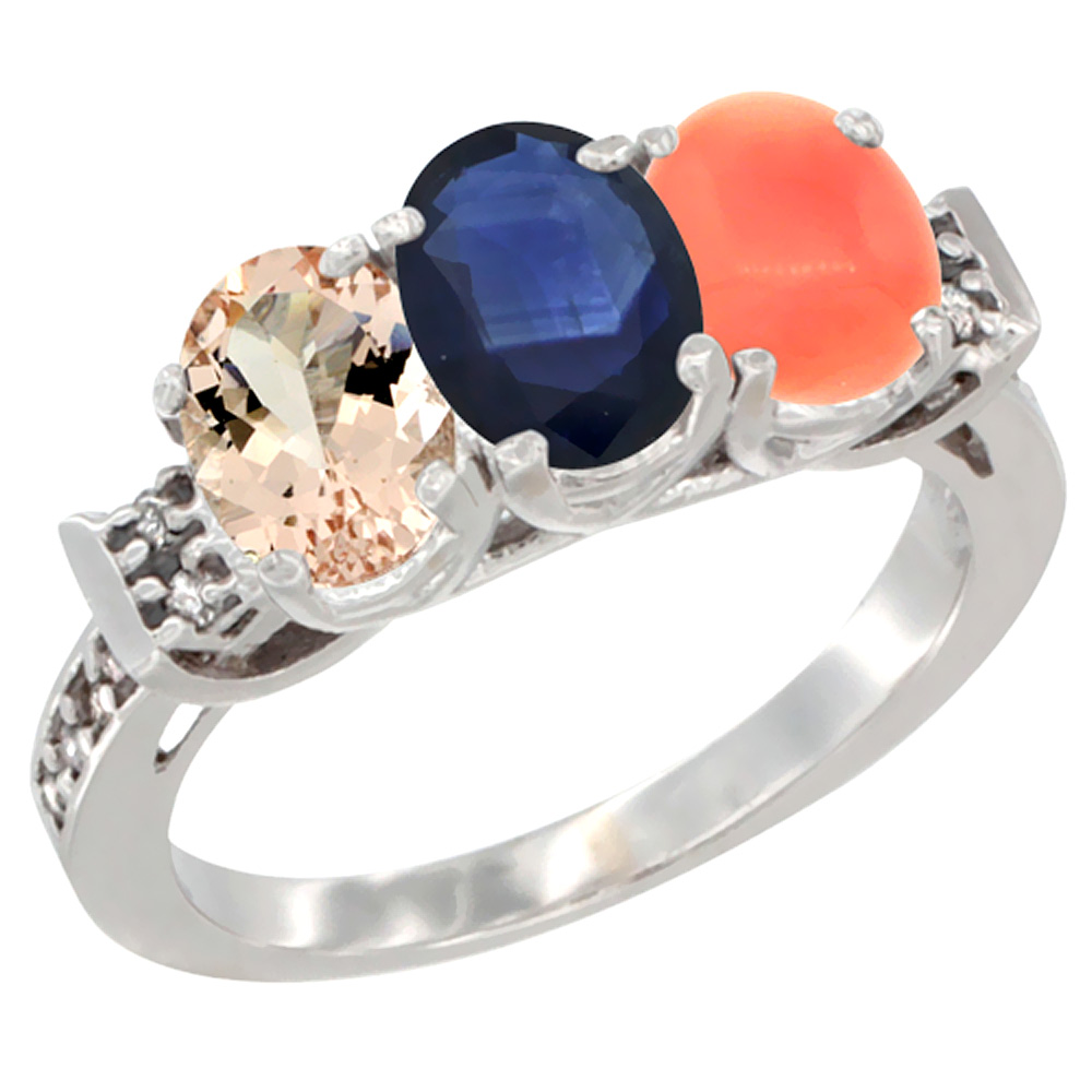 14K White Gold Natural Morganite, Blue Sapphire & Coral Ring 3-Stone Oval 7x5 mm Diamond Accent, sizes 5 - 10