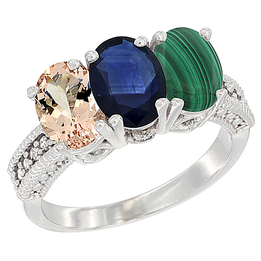 14K White Gold Natural Morganite, Blue Sapphire & Malachite Ring 3-Stone Oval 7x5 mm Diamond Accent, sizes 5 - 10