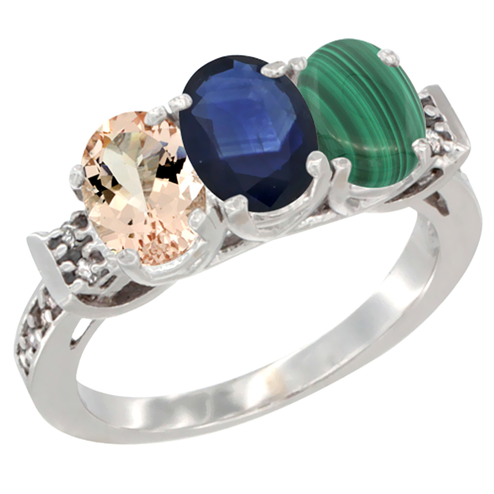 10K White Gold Natural Morganite, Blue Sapphire & Malachite Ring 3-Stone Oval 7x5 mm Diamond Accent, sizes 5 - 10