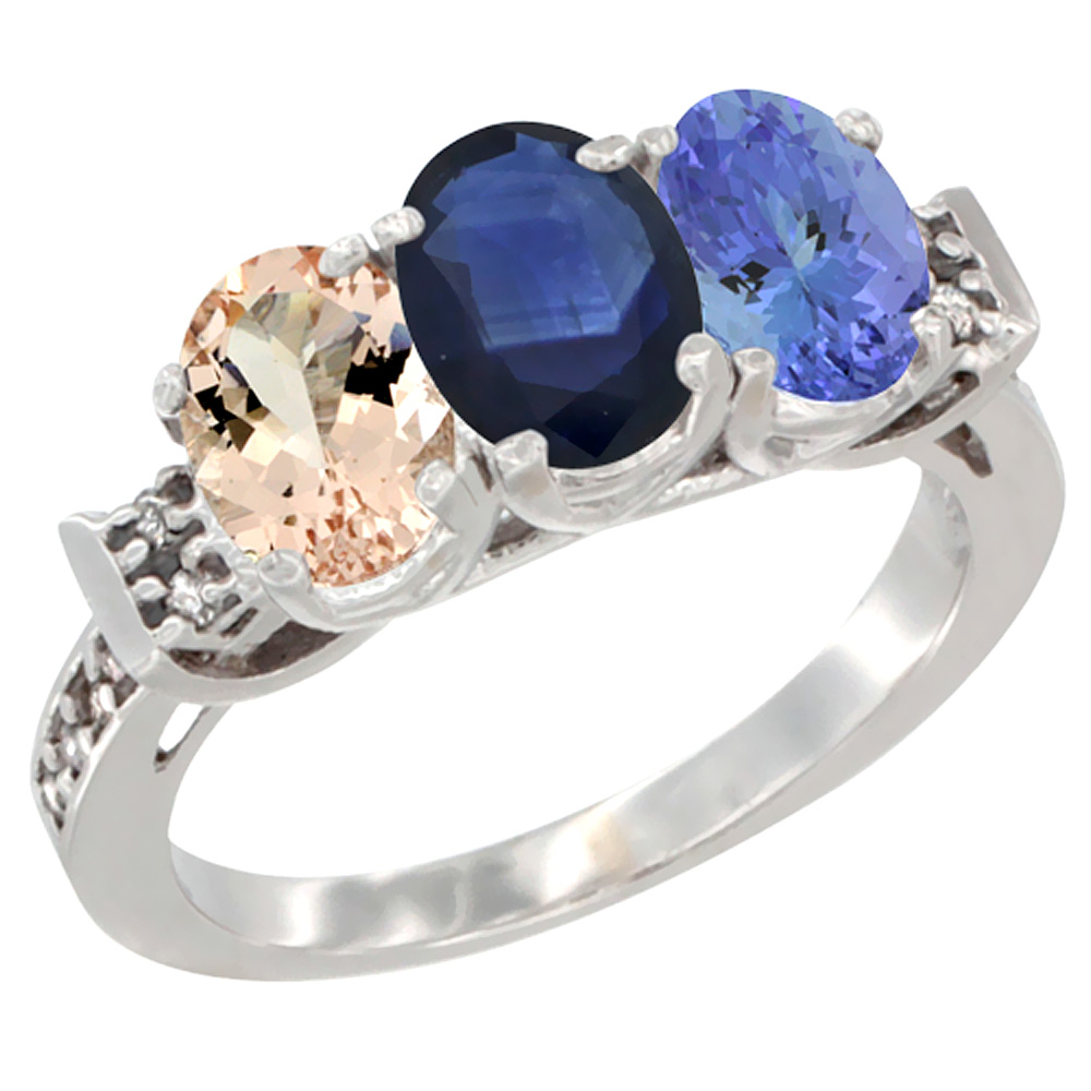 14K White Gold Natural Morganite, Blue Sapphire & Tanzanite Ring 3-Stone Oval 7x5 mm Diamond Accent, sizes 5 - 10