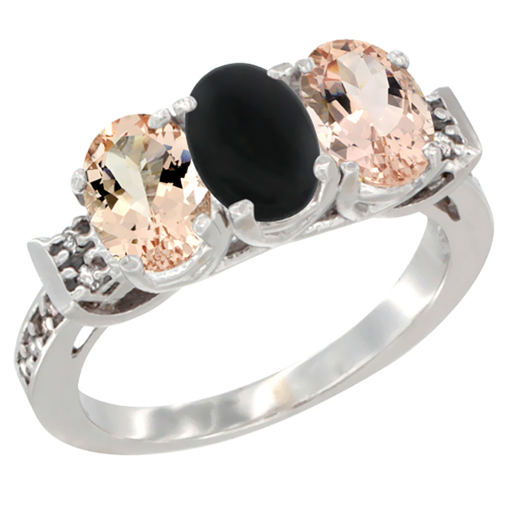 10K White Gold Natural Black Onyx & Morganite Sides Ring 3-Stone Oval 7x5 mm Diamond Accent, sizes 5 - 10