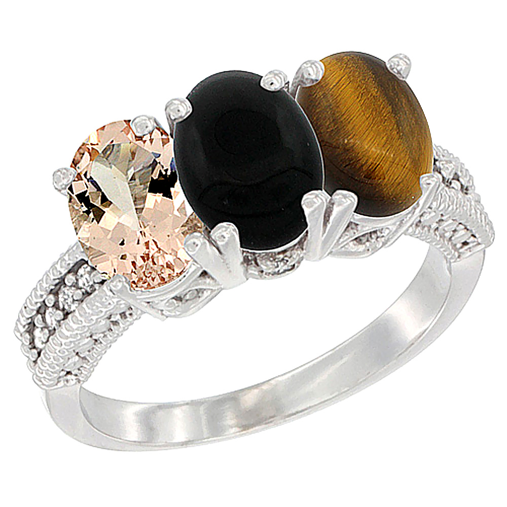 10K White Gold Natural Morganite, Black Onyx & Tiger Eye Ring 3-Stone Oval 7x5 mm Diamond Accent, sizes 5 - 10