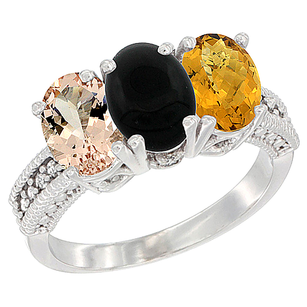 10K White Gold Natural Morganite, Black Onyx & Whisky Quartz Ring 3-Stone Oval 7x5 mm Diamond Accent, sizes 5 - 10