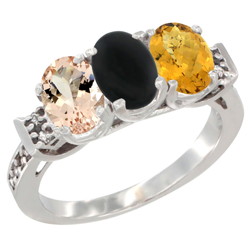 10K White Gold Natural Morganite, Black Onyx &amp; Whisky Quartz Ring 3-Stone Oval 7x5 mm Diamond Accent, sizes 5 - 10