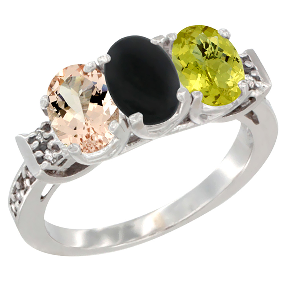 10K White Gold Natural Morganite, Black Onyx & Lemon Quartz Ring 3-Stone Oval 7x5 mm Diamond Accent, sizes 5 - 10