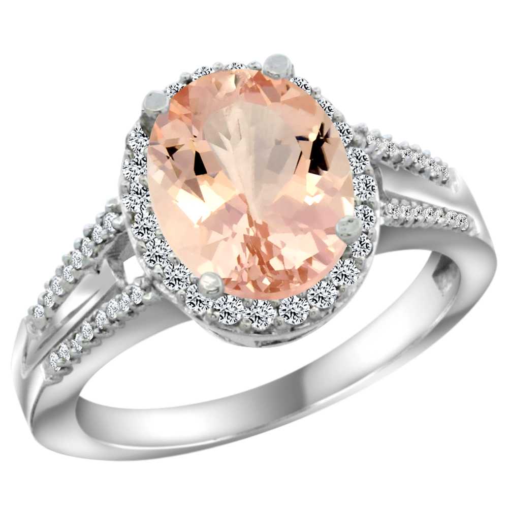 14K White Gold Diamond Natural Morganite Engagement Ring Oval 10x8mm, sizes 5-10