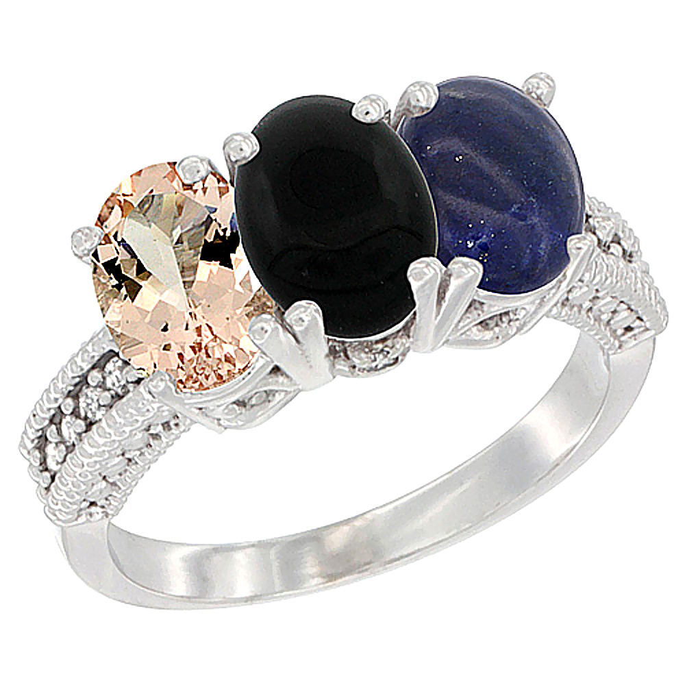 10K White Gold Natural Morganite, Black Onyx & Lapis Ring 3-Stone Oval 7x5 mm Diamond Accent, sizes 5 - 10