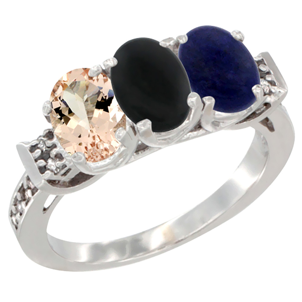 10K White Gold Natural Morganite, Black Onyx &amp; Lapis Ring 3-Stone Oval 7x5 mm Diamond Accent, sizes 5 - 10