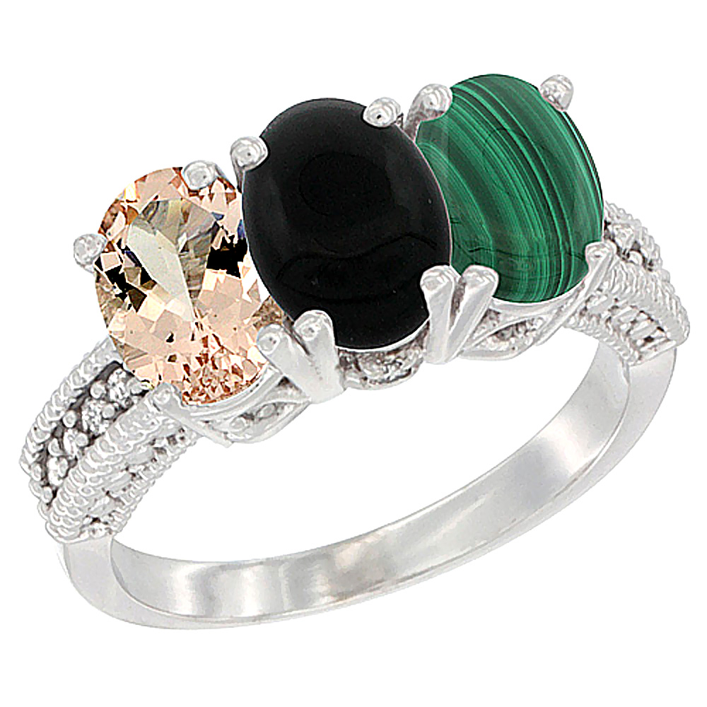 10K White Gold Natural Morganite, Black Onyx &amp; Malachite Ring 3-Stone Oval 7x5 mm Diamond Accent, sizes 5 - 10