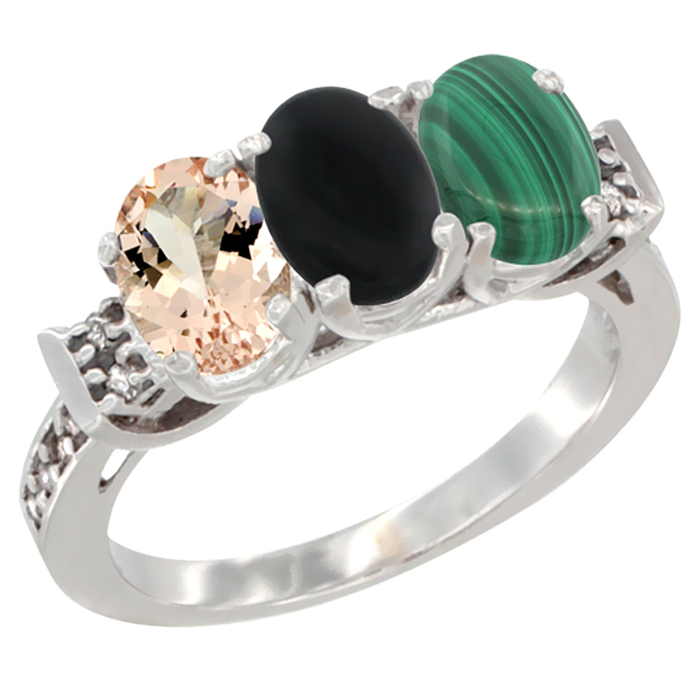 10K White Gold Natural Morganite, Black Onyx &amp; Malachite Ring 3-Stone Oval 7x5 mm Diamond Accent, sizes 5 - 10