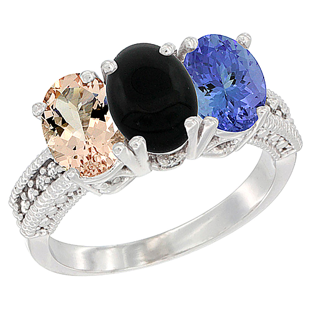 10K White Gold Natural Morganite, Black Onyx &amp; Tanzanite Ring 3-Stone Oval 7x5 mm Diamond Accent, sizes 5 - 10