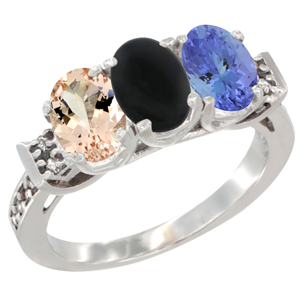 10K White Gold Natural Morganite, Black Onyx &amp; Tanzanite Ring 3-Stone Oval 7x5 mm Diamond Accent, sizes 5 - 10