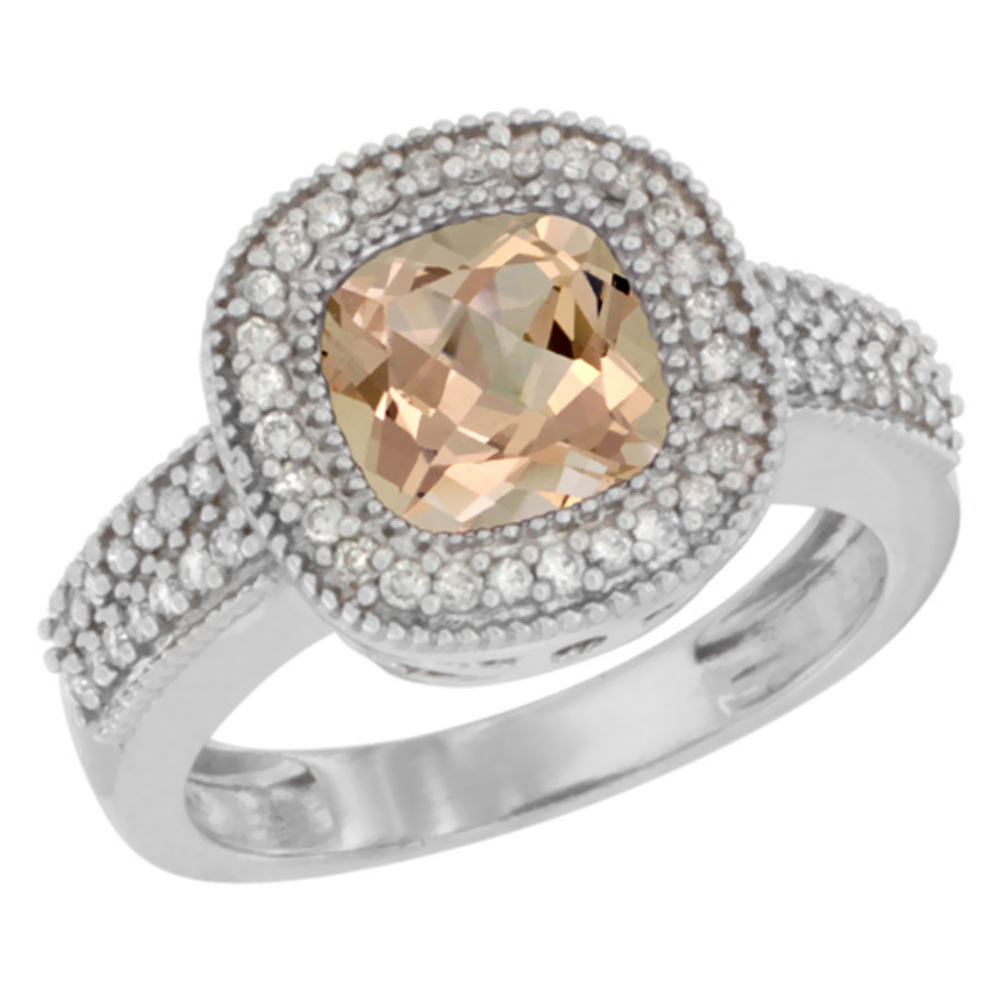 14K White Gold Natural Morganite Ring Cushion-cut 7x7mm Diamond Accent, sizes 5-10