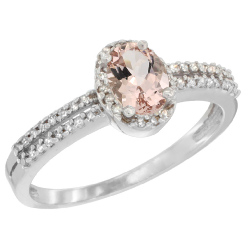 10K White Gold Natural Morganite Ring Oval 6x4mm Diamond Accent, sizes 5-10