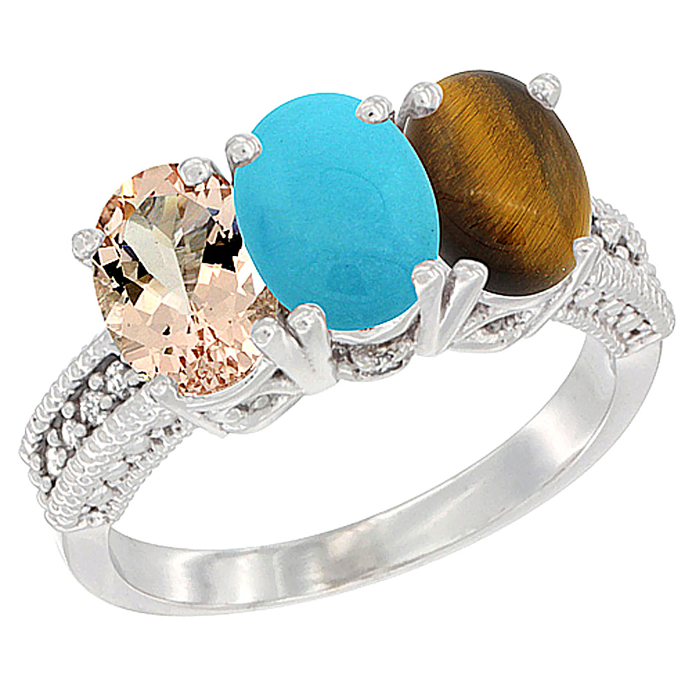 10K White Gold Natural Morganite, Turquoise & Tiger Eye Ring 3-Stone Oval 7x5 mm Diamond Accent, sizes 5 - 10