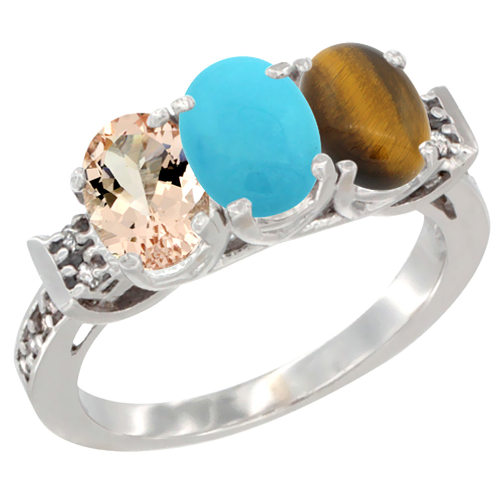 14K White Gold Natural Morganite, Turquoise & Tiger Eye Ring 3-Stone Oval 7x5 mm Diamond Accent, sizes 5 - 10