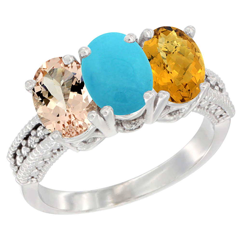 14K White Gold Natural Morganite, Turquoise & Whisky Quartz Ring 3-Stone Oval 7x5 mm Diamond Accent, sizes 5 - 10