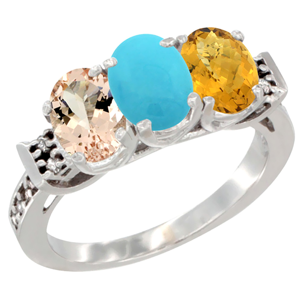 10K White Gold Natural Morganite, Turquoise &amp; Whisky Quartz Ring 3-Stone Oval 7x5 mm Diamond Accent, sizes 5 - 10